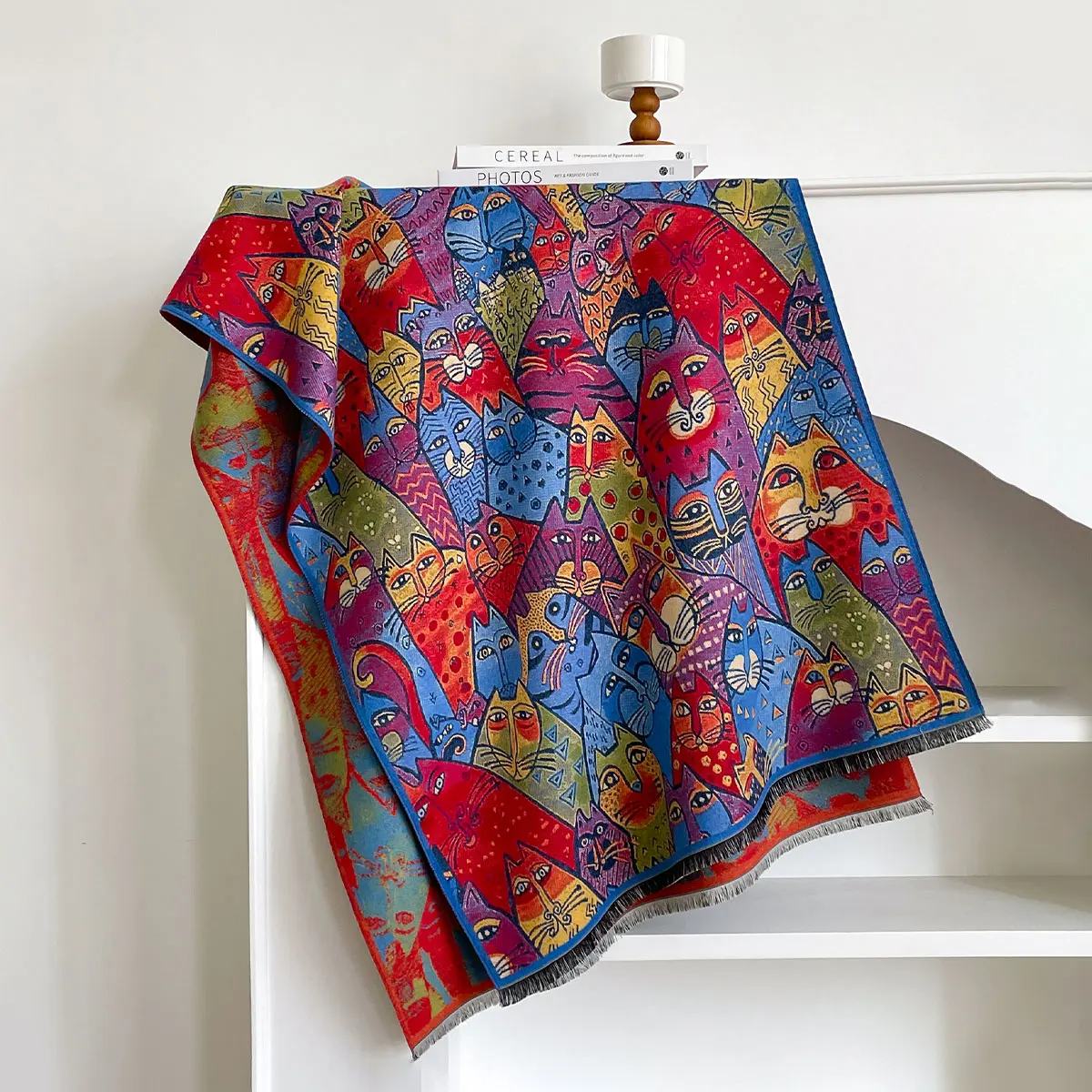 Damen High-End-Katzen-Design, Herbst-Winter, doppelseitiger Jacquard, Premium-Schals aus Kaschmirimitat, verdickter großer Schal – Detail 3
