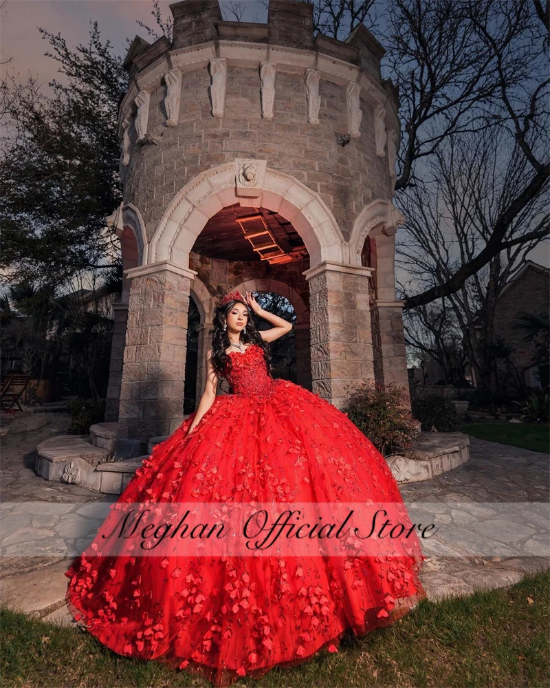 

Mexico Red Sweetheart Quinceanera Dress 2025 Beaded 3D Flowers Birthday Party Gowns Ball Gown Long Prom Sweet 16 Customized