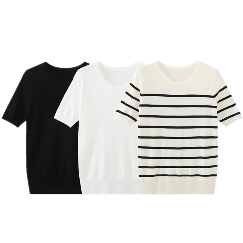 

Summer New Women's Basic Stripe Knitwear round Ne ort Sve Versatile Faionable Commute Sle Regular Fit Single Piece