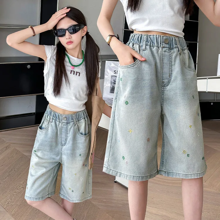 2026 New Summer Kids Denim Shorts for Girls Popcorn Embroidery Elastic Waist Casual Knee Length Teenage Children Pants