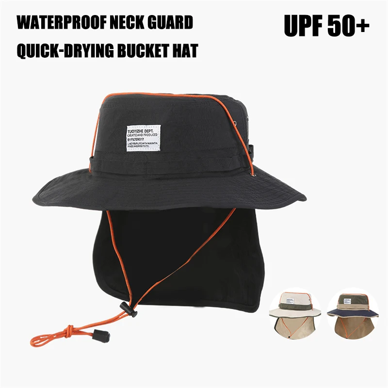 Unisex Summer Wide Brim Bucket Hats Quick-drying Panama Caps Outdoor UV Protection Mesh Breathable Fisherman Hat with Neck Flap