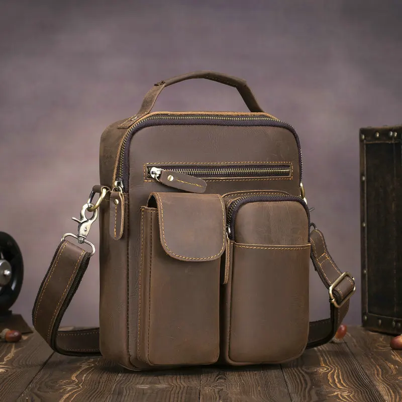 

New Luxury Men's Handbags Crazy Horse Skin Genuine Leather Male Shoulder Bag Real Natural Leather Crossbody Bag Messenger Bags