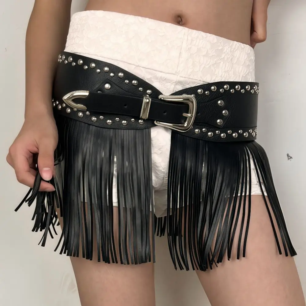 Spice Girl PU Leather Tassel Belt Vintage Patchwork Design Rivet Belt Western Cowboy Punk Style Waistbands High Street