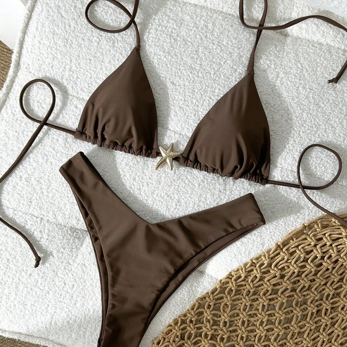 

Brown Starfish Bikini Set Women Tie Side Triangle Swimsuit 2 Piece Swimwear