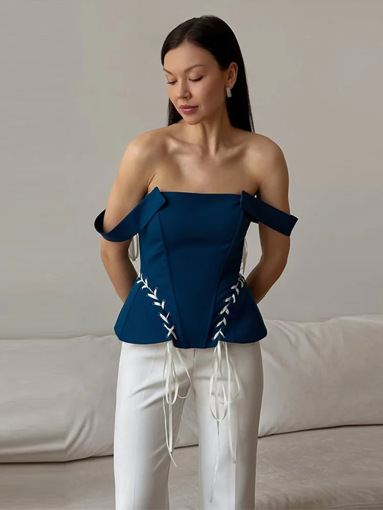 Schulterfreie, taillierte Schnür-Korsett-Tops für Damen, sexy, ärmellos, rückenfrei, getäfeltes, schmales Oberteil, schicke Damenkleidung – Detail 3