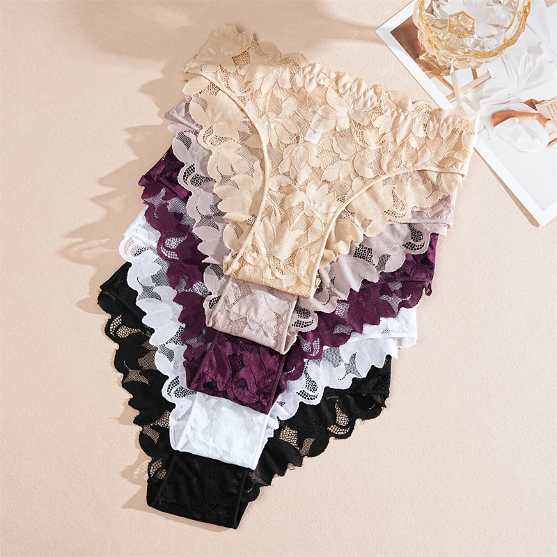 FINETOO 2 Stück Damen-Unterwäsche aus Satin mit Blumenspitze, sexy, aushöhlen, Höschen, solide, niedrige Taille, perspektivische Slips, Mädchen, weiche Dessous – Detail 3