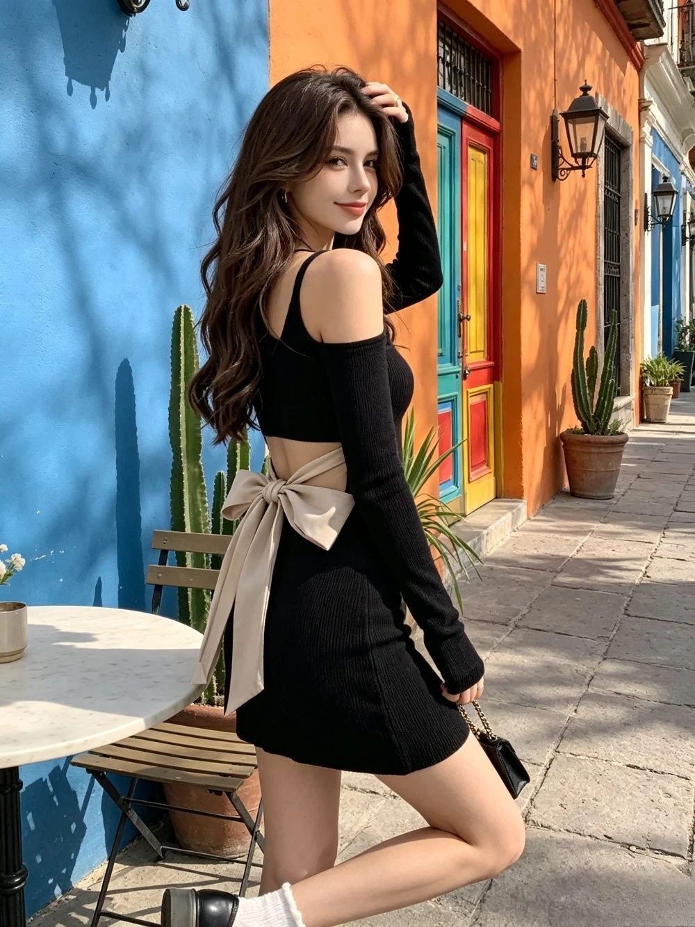 Customized Black Ribbed Knitted Off Shoulder Mini Evening Gown 2026 Sexy Bow Back Strap Adult Dress Suitable for Dance Party