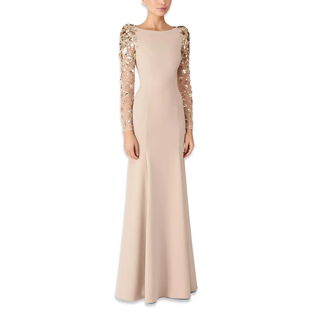 

Индивидуальный пошив: роскошное вечернее платье-джерси с вырезом-лодочкой, длинными рукавами и кристаллами для выпускного вечера и торжественных мероприятий