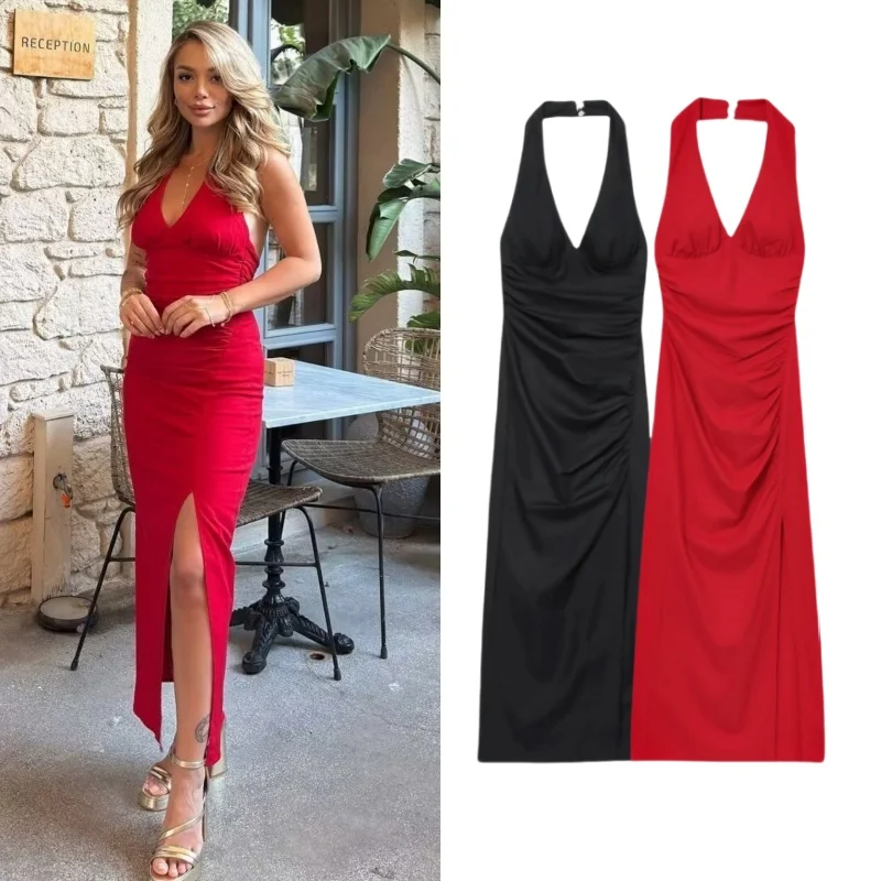 Robe moulante et Sexy pour femme, col en v, dos nu, fentes sur l'ourlet, longueur cheville, élégante, captivante, pour fête d'été, nouvelle collection 2025