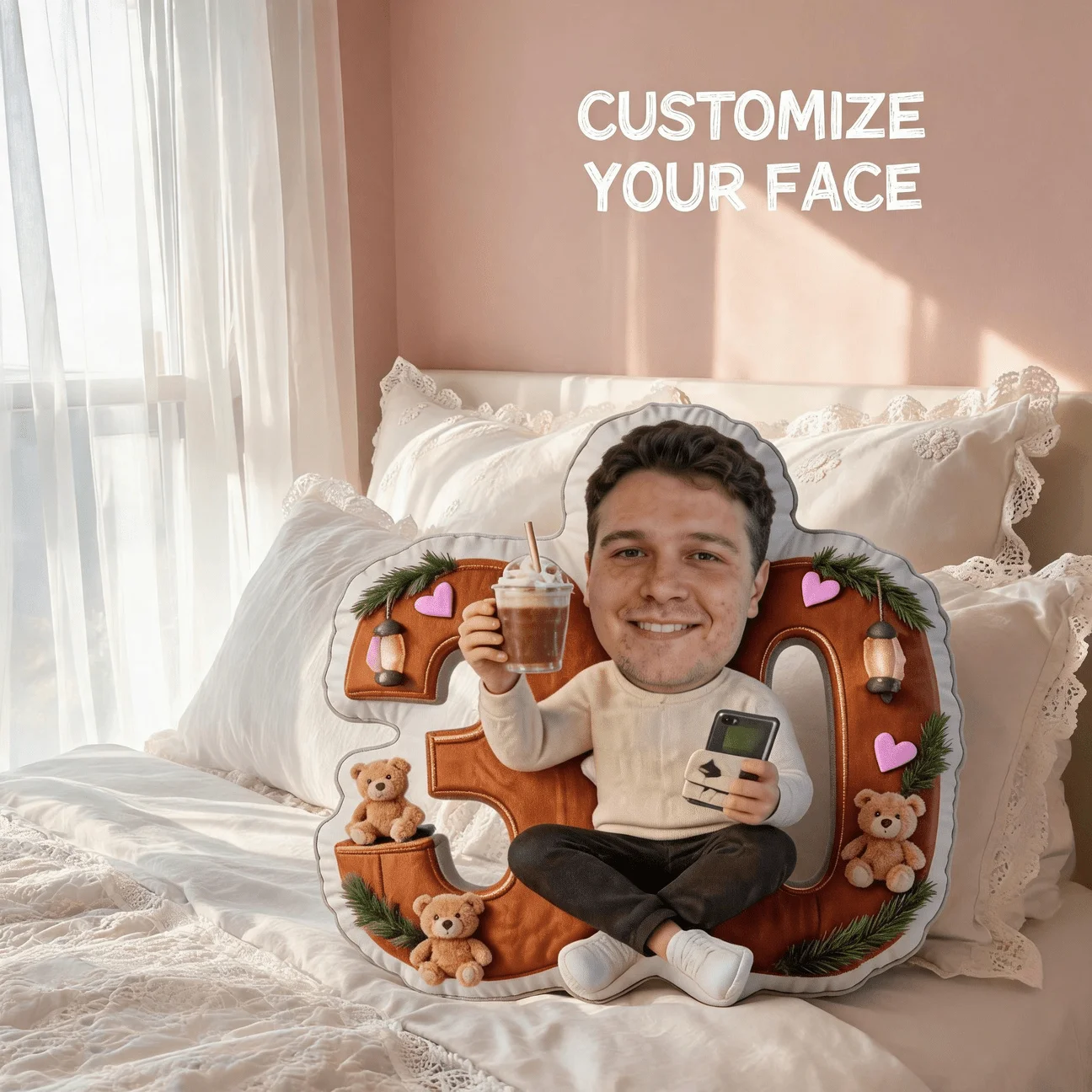 Custom Photo Shaped Pillow 30, Personalized Picture Man Holding Coffee Decorative Cushion, Unique Home Decor Accent for Sofa & B