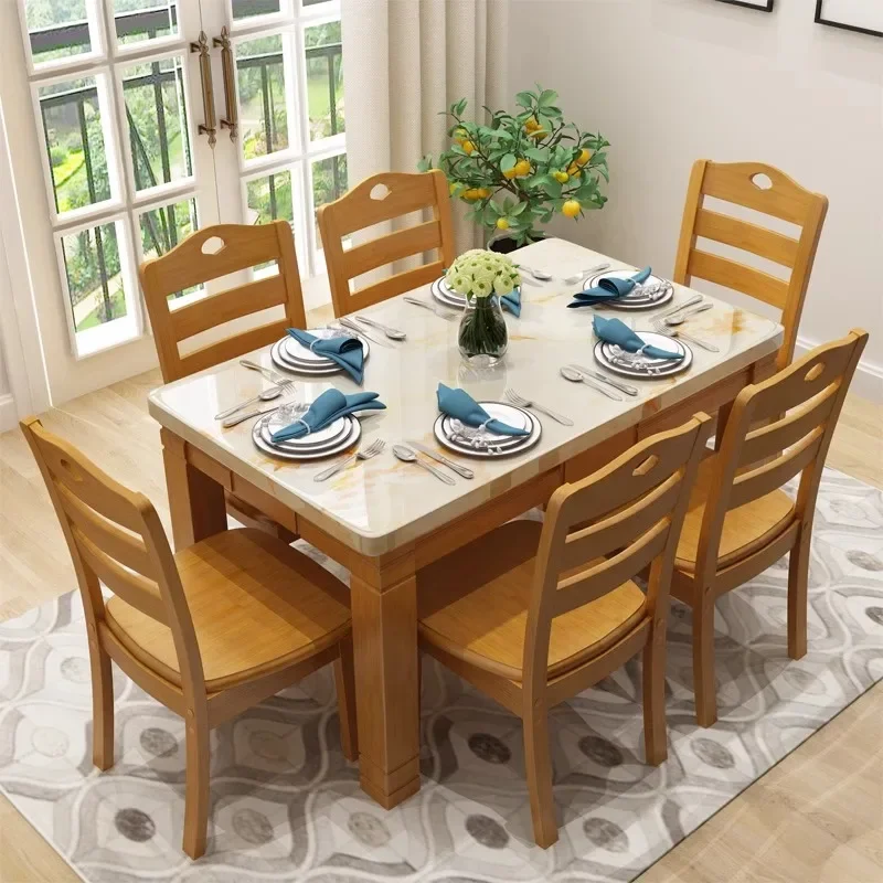 مجموعة طاولة طعام وكرسي من الخشب الصلب، شقة صغيرة، رخام، طاولة طعام غربية، مستطيلة #2