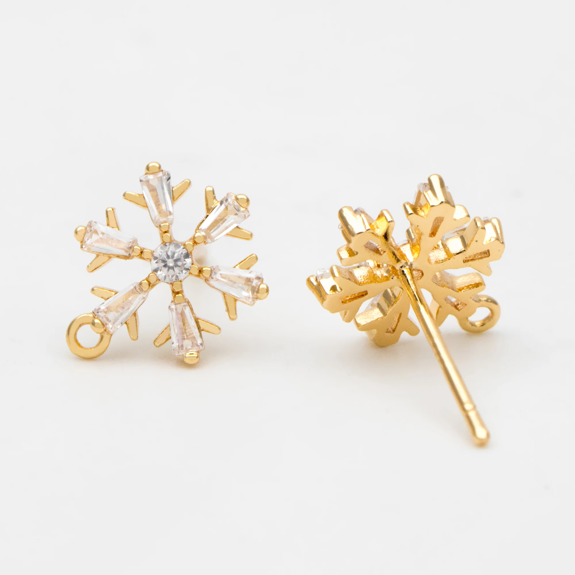 

10pcs CZ Pave Snowflake Earring with Loop 12mm, Real Gold Plated Brass Earrings, Sterling Silver Pin (GB-310)