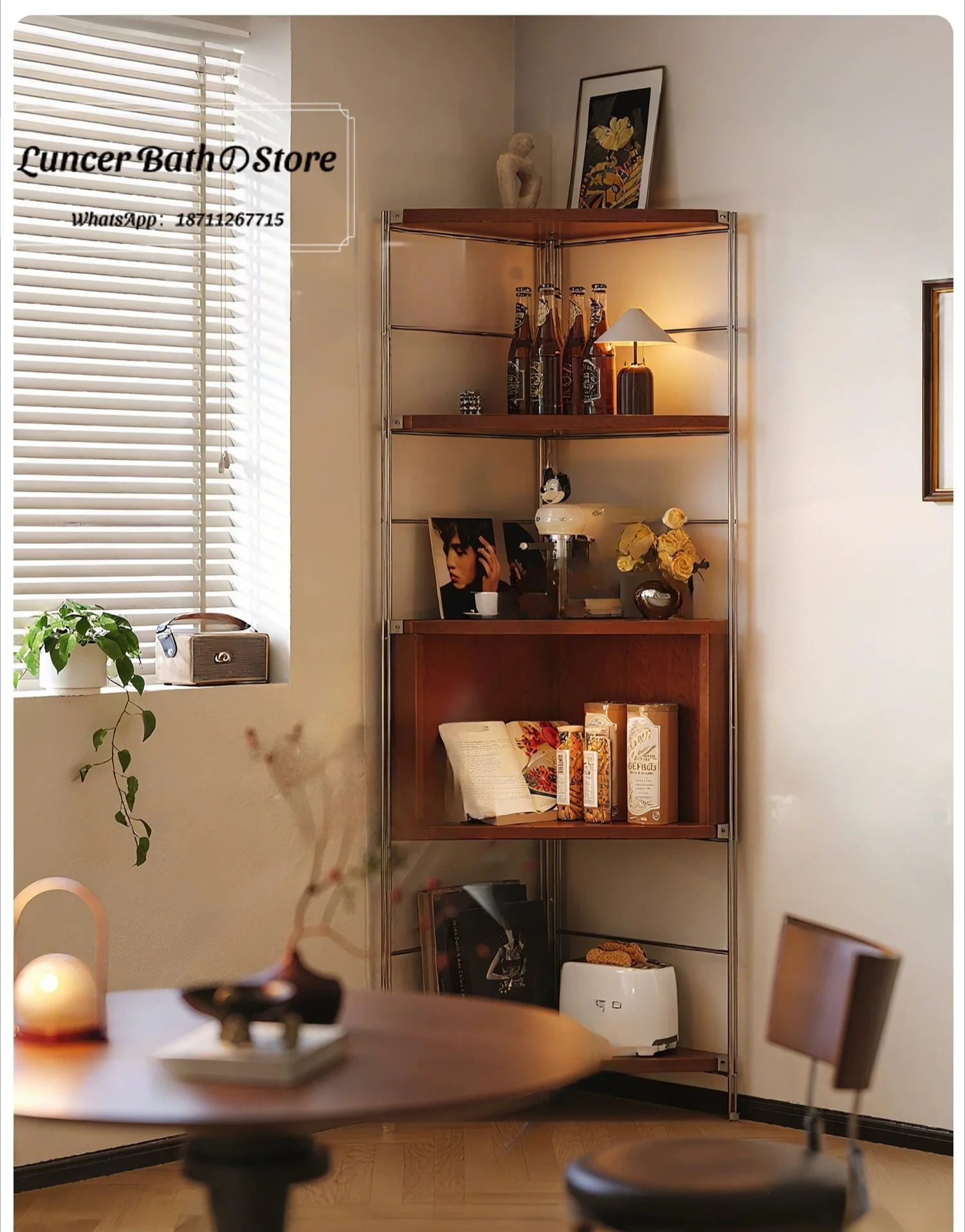 Vintage Triangle Corner Cabinet Multi-functional Wall Corner Storage Rack Bookshelf for Living Room Bedroom