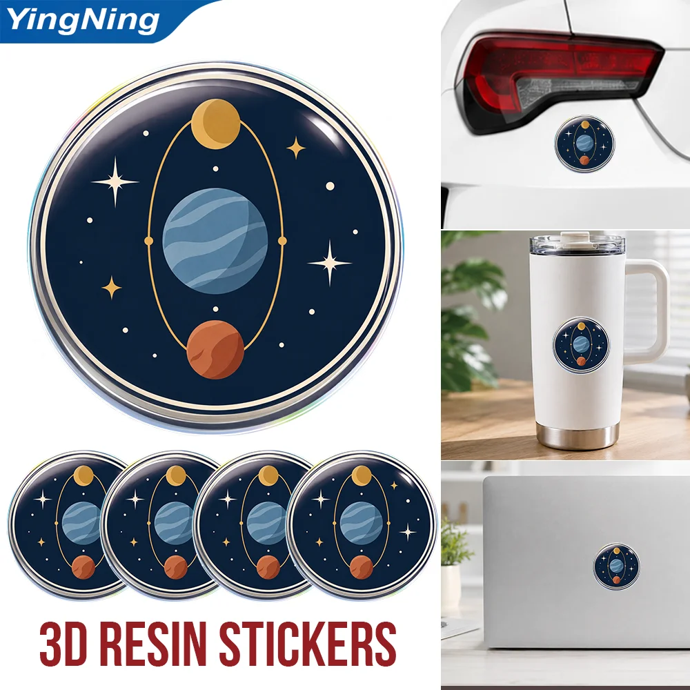 Three Planet Orbital System Design 3D Epoxy Resin Round Stickers Waterproof Glossy Decals for Car Laptop Tumbler Water Bottle