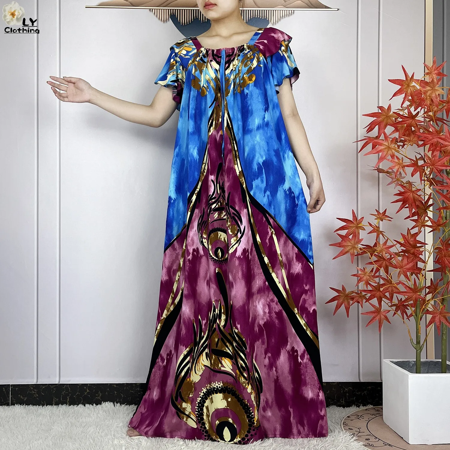 2024New Dubai Summer Fashion Short Sleeve Woman Dress African Dashiki Floral Printing Cotton Loose Islam Lady Dresses With Scarf