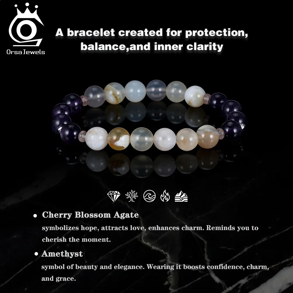 ORSA JEWELS Natural Agate & Amethyst Stone Healing Crystal Bracelet Women S925 Beads Wrist Chain Elastic Rope Jewelry GMB101 2