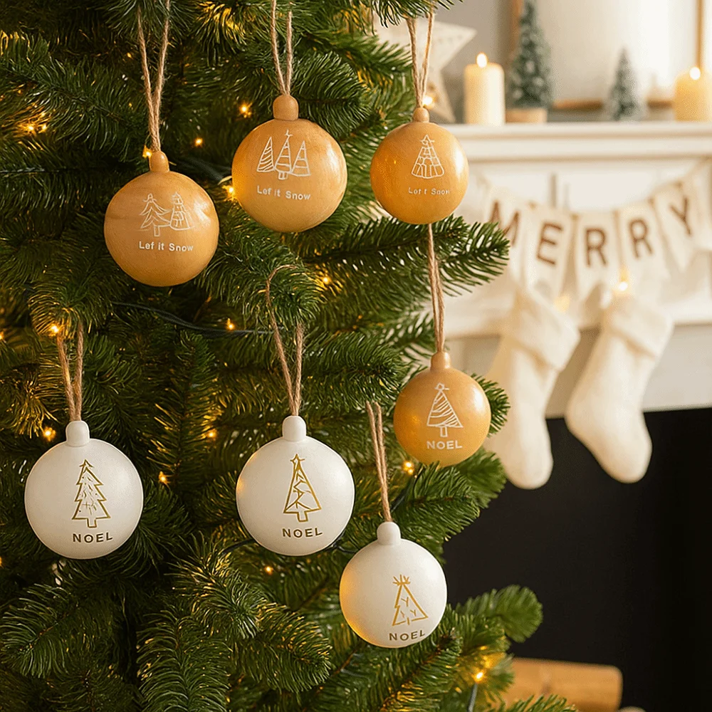 

3Pcs 6cm Wooden Christmas Balls Reusable Decorative Christmas Hanging Balls Shatterproof Christmas Tree Pendants Party Favors