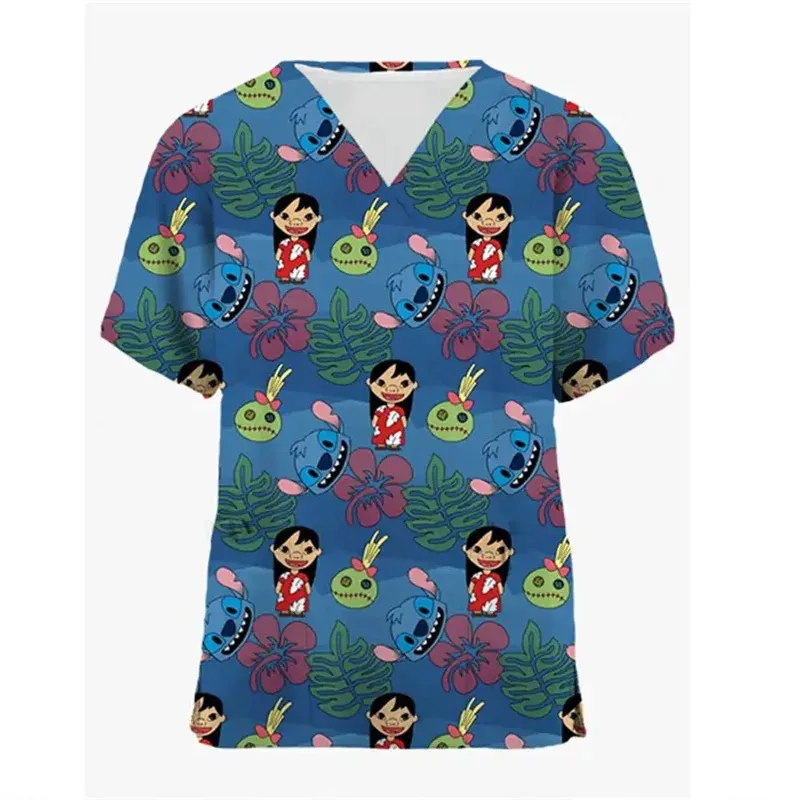 Disney Hospital Pocket Lilo & Stitch Woman T-shirts Summer T-shirt New Nurse Uniform V Neck Y2k Clothing Uniform Pocket Neck Y2k
