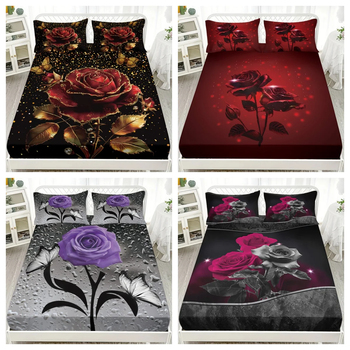 Rose Floral Polyester Fitted Sheet Set 3Pcs Mattress Protector & Bed Skirt Cover Queen Size Bedding Set with Pillowcases