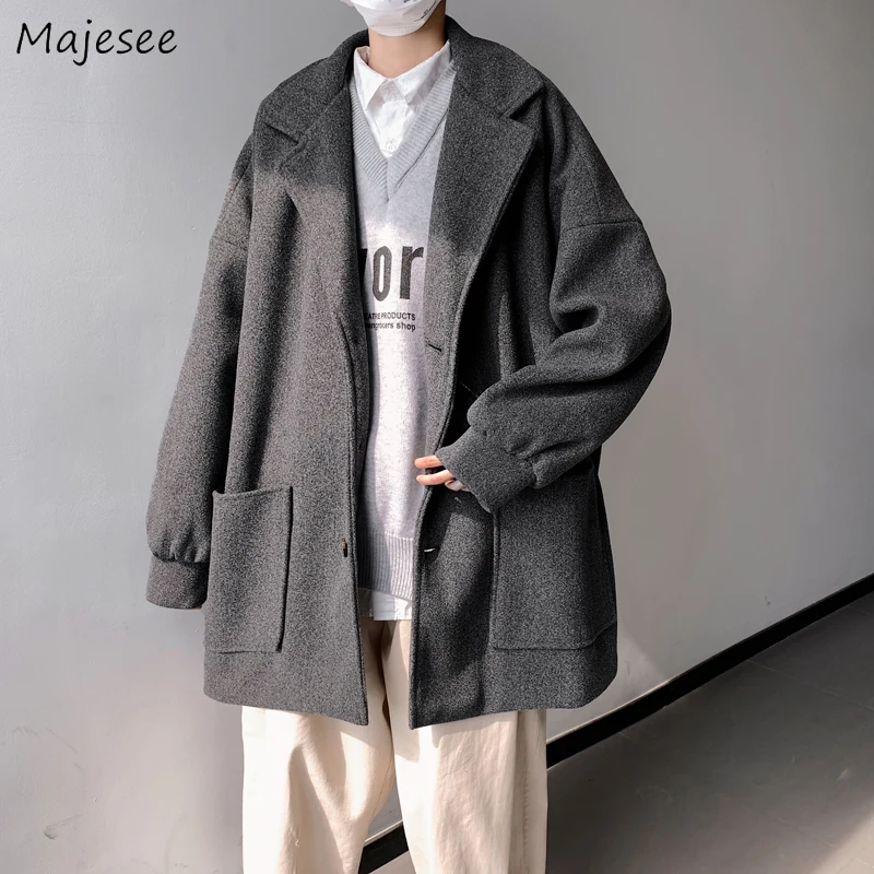 

Blends Men Winter Loose Korean Style Fashion Handsome Outwear All-match Pockets Male Notched Design Harajuku High Street Clothes