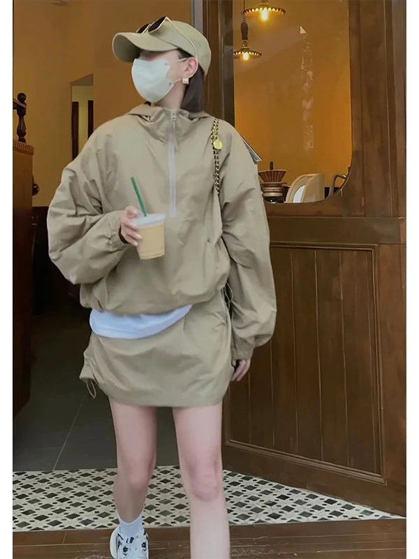 

plus Size 300 Pounds Fat MM Casual Hong Kong Style Lazy Windbreaker Jacket Women's A-Line Skirt Two-Piece Set Summer