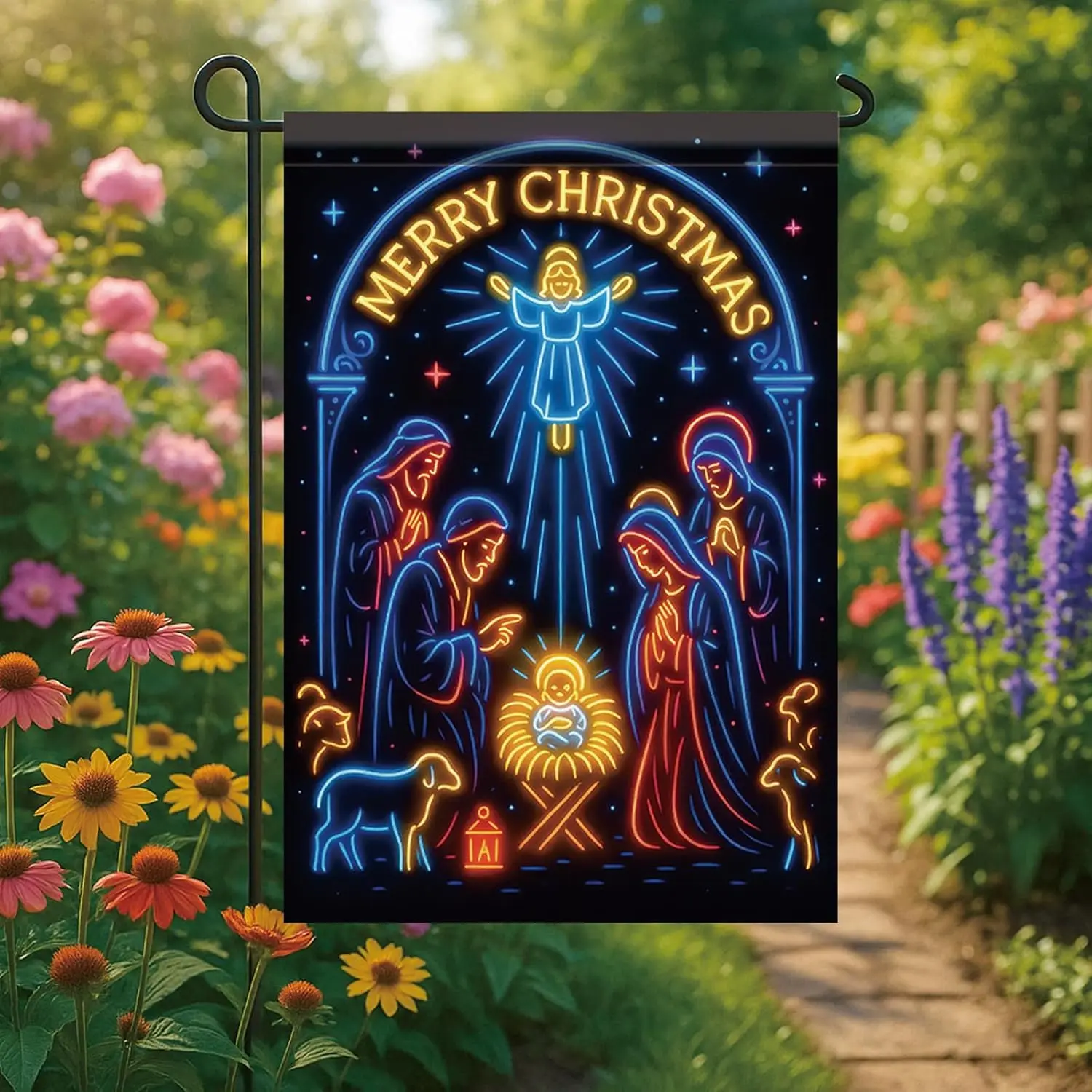 Christmas Garden Flag Nativity Scene Flag 12x18 Inch Double Sided Outdoor Holiday Yard Banner Neon Manger Jesus Mary Joseph  yyi