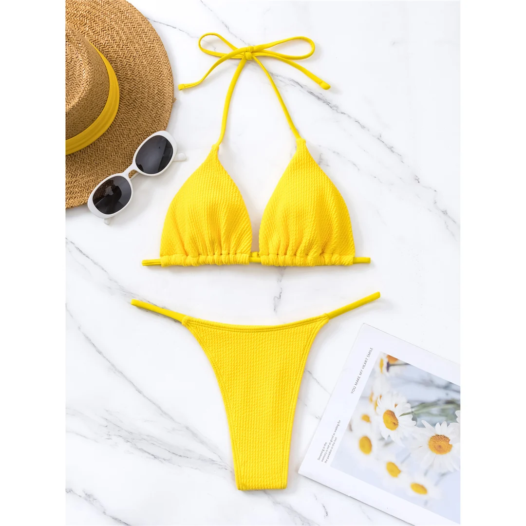 Neuer gerippter Neckholder-Bikini, Damen-Badeanzug, zweiteiliger Bikini-Set, hoch geschnittene Beine, gepolsterter Badeanzug, Badebekleidung, Schwimmanzug V8289 – Detail 7