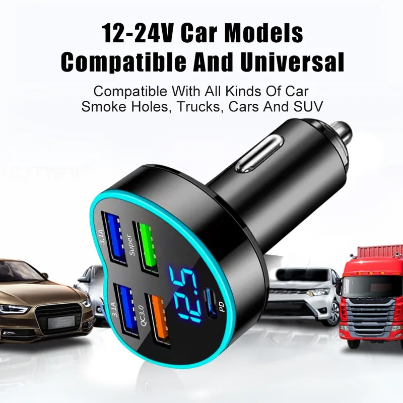 5In1 Heart Shape Digital Display Car Charger PD+4USB Super Fast Charging Phone Adapter Socket Cigarette Lighter Auto Accessories