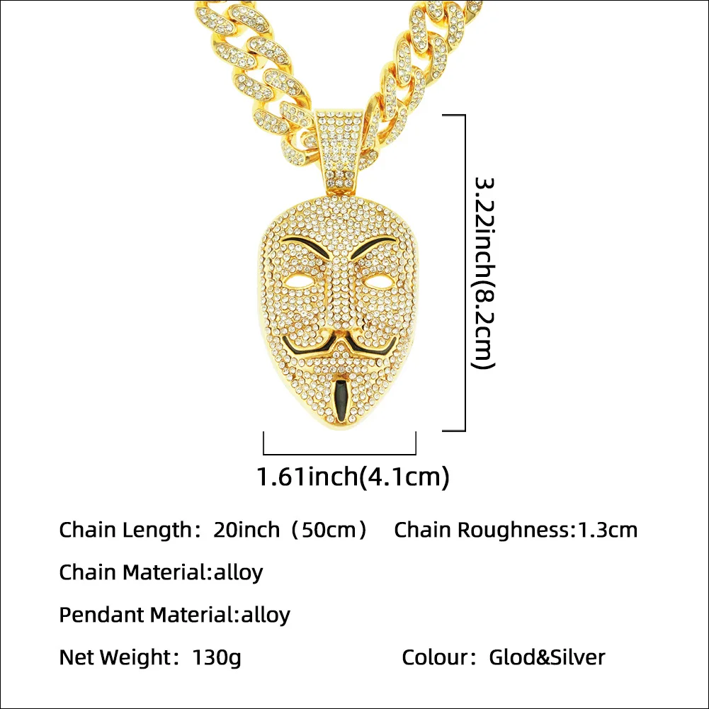 Ins domineering three-dimensional full drill exaggerated mask pendant necklace nightclub Bundy cool Cuban chain accessories