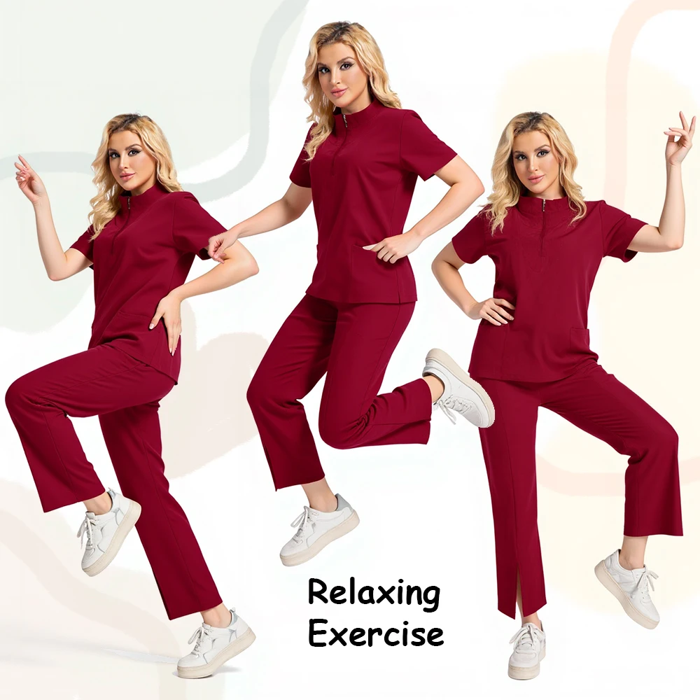 Venta al por mayor, uniforme médico de moda de alta calidad, pantalones superiores para enfermeras, cuello levantado elástico, uniformes quirúrgicos para enfermera y Doctor para mujer