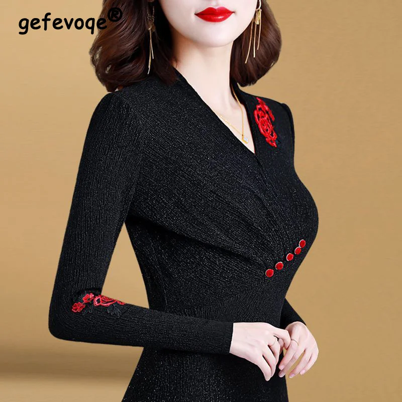 Autumn Winter Vintage Embroidery Flower Ruched Elegant Office Ladies Plush Basic Tops Women Black Sexy Long Sleeve Slim T-shirts