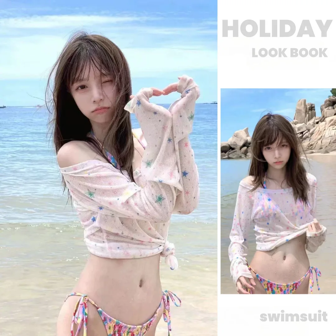 Women's Floral Bikini Set, Seductive Style Long Sleeve Sun Protection Cover Up, Push Up Slim Fit Swimwear For Hot Spring