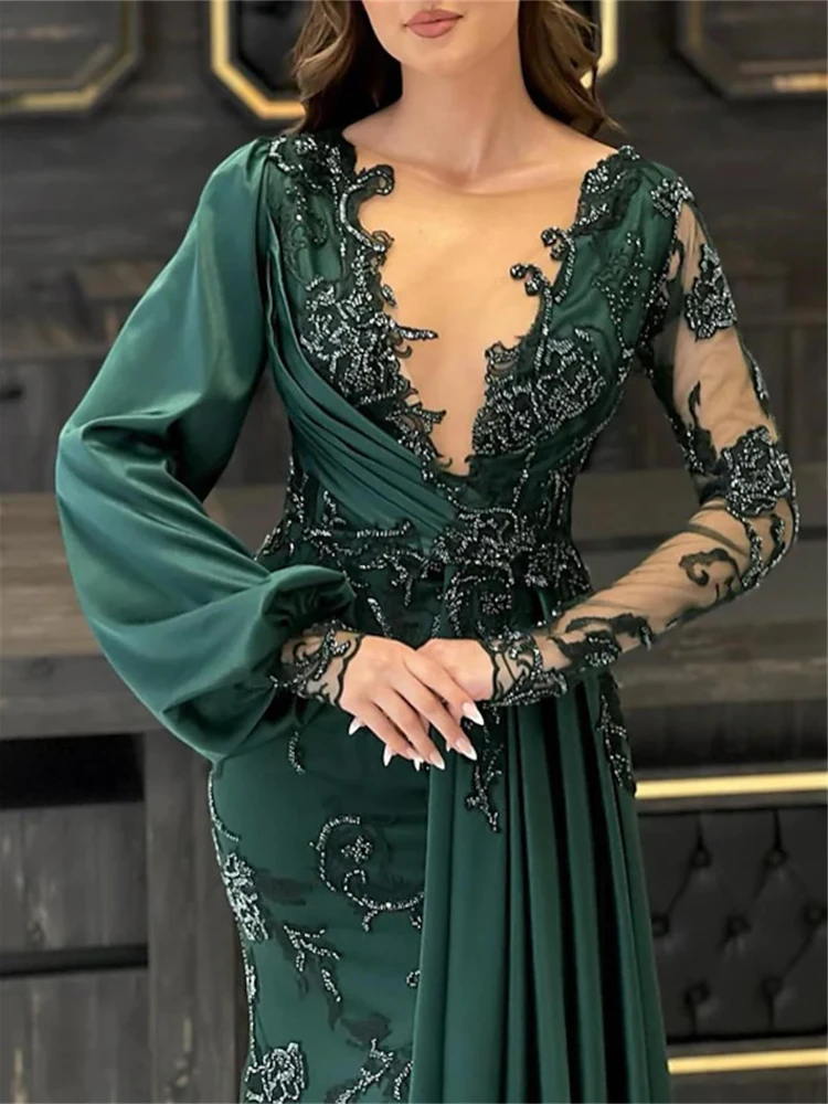 Elegant Green Mermaid Prom Dress Sexy Sheer V-neck Long Sleeves Sequins Appliques Formal Party Evening Dress Luxury Vestido