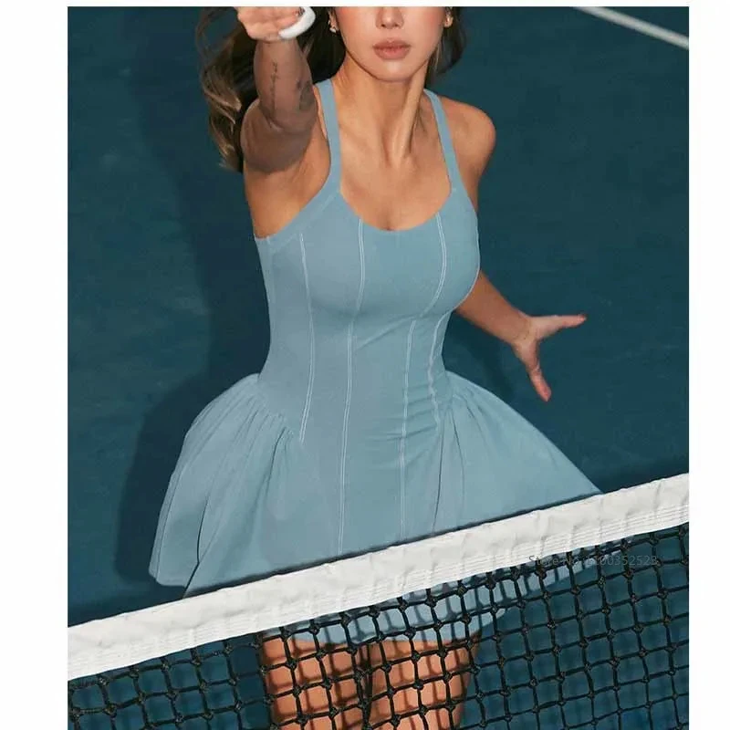 SharpStar Women's Sports Fitness One-Piece Dress Cross Backless Tennis Dress with Chest Pads Retro Denim Pickleball Dresses - view 4