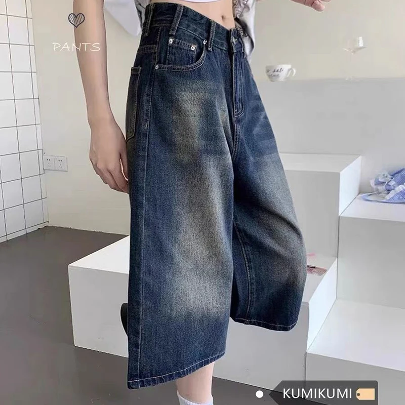 American Vintage Blue Calf Length Jeans Summer High Waist Loose Casual Wide Leg Pants Harajuku Y2K Classic Washed Denim Pants