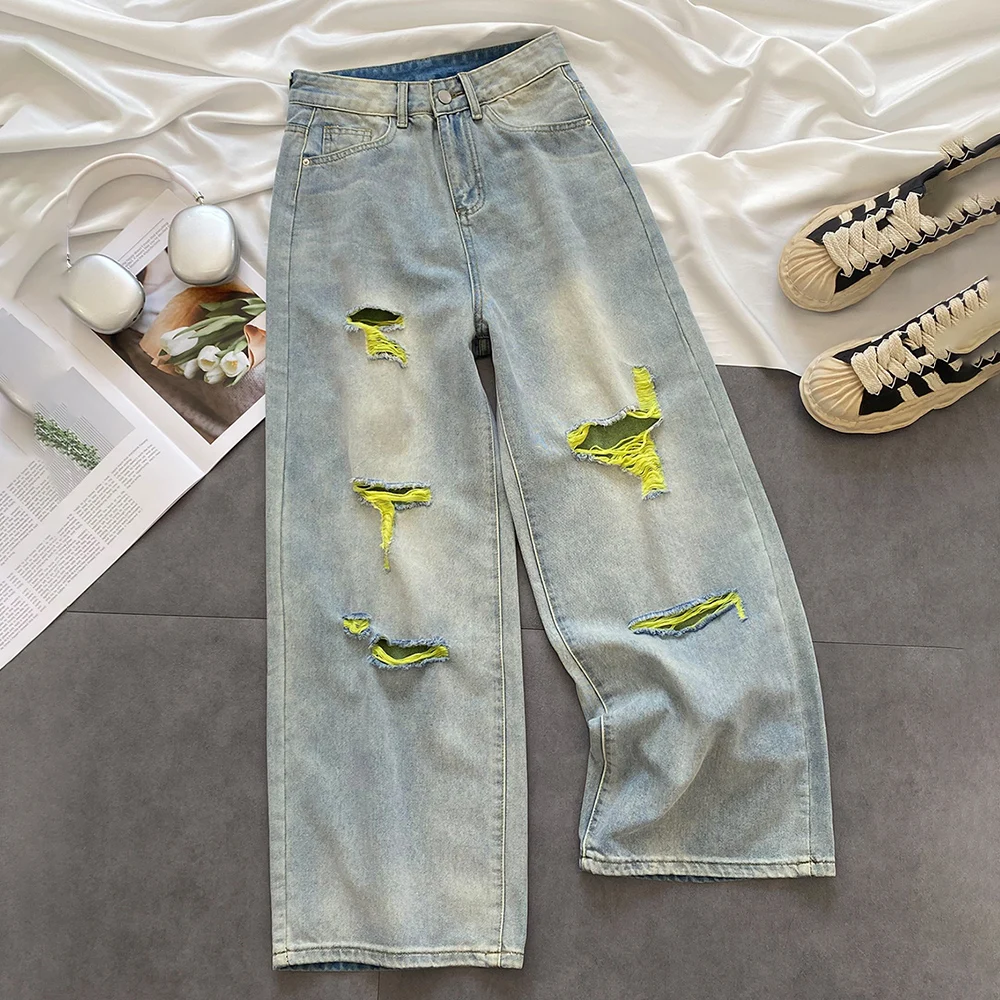 

American Style Ripped Holes Wide Leg Jeans 2025 New Autumn Women High Waist Contrast Color Denim Pants Straight Loose Trousers