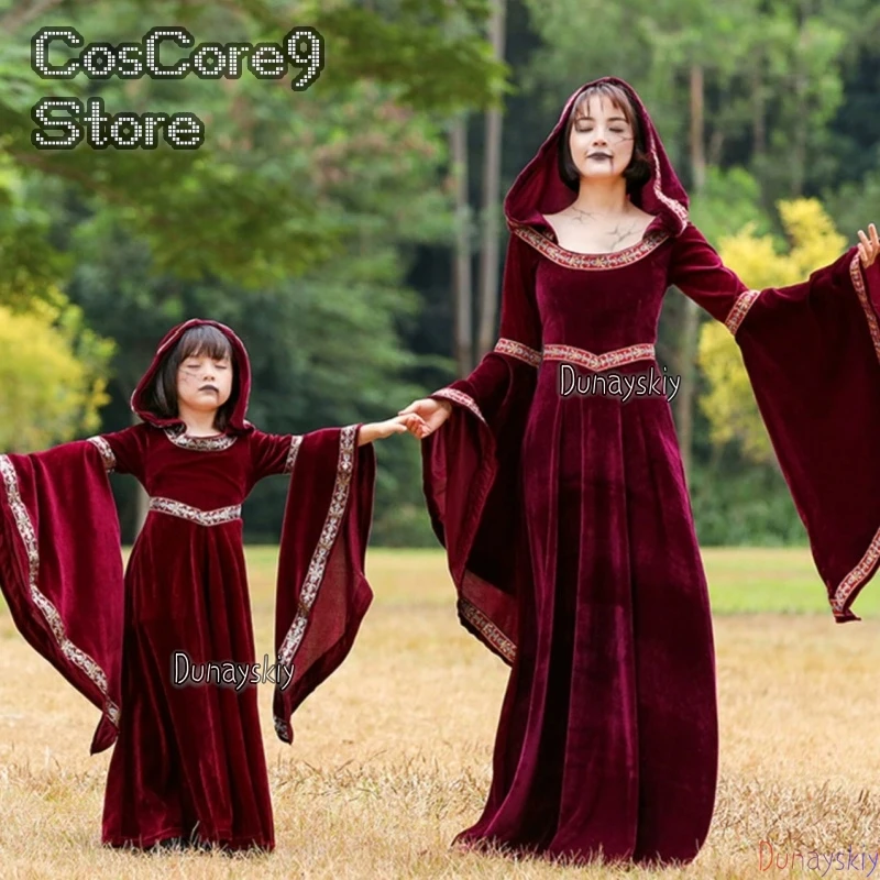 

Винтажное средневековое платье с капюшоном в стиле суда, красный халат, платье эпохи Возрождения, красная Шапочка, викторианский костюм для косплея на Хэллоуин