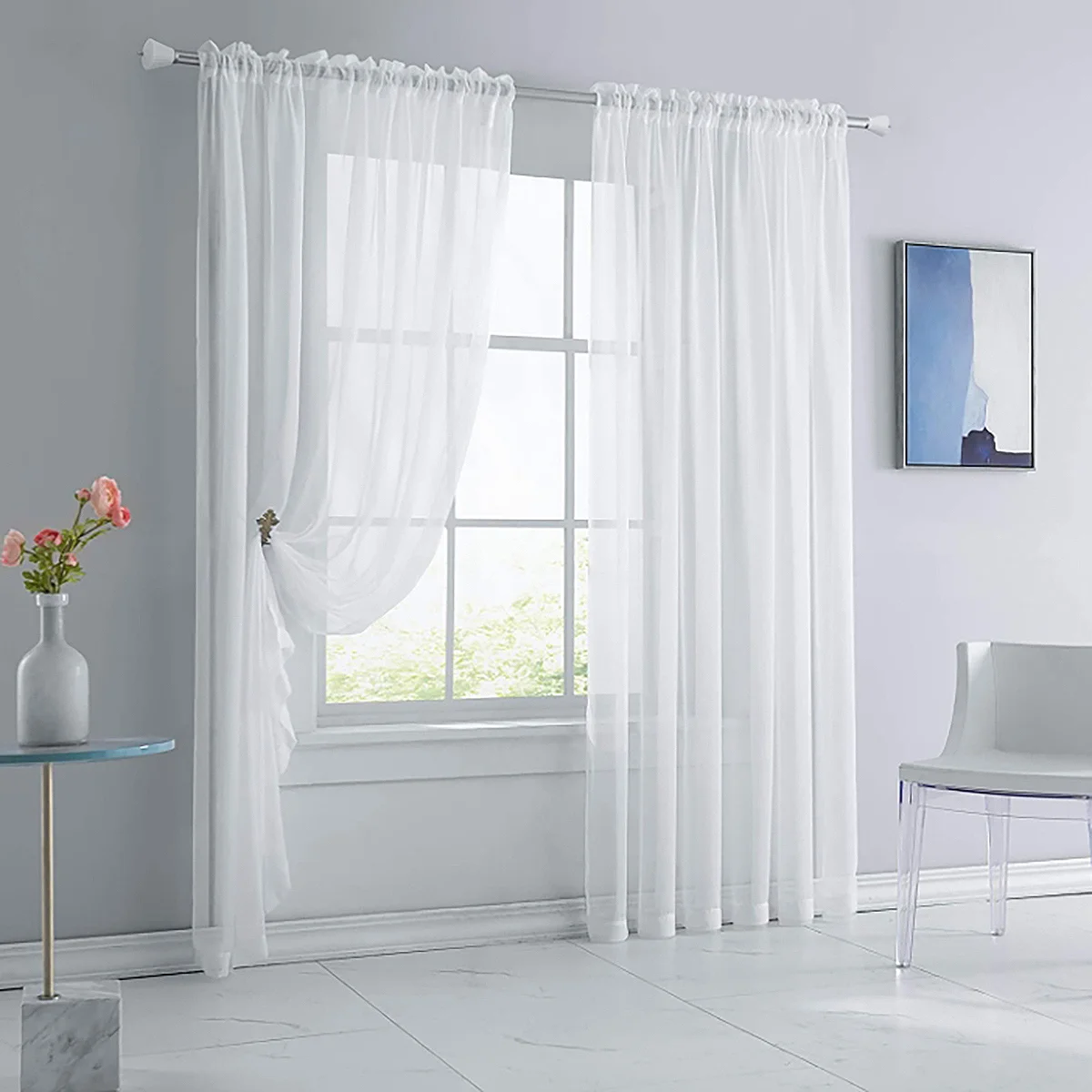 White Sheer Curtains, 53 Inches Wide 84 Inches Long 1 Panel Set, Rod Pocket Voile Fimly Sheer Drapes for Living Room/Bedroom