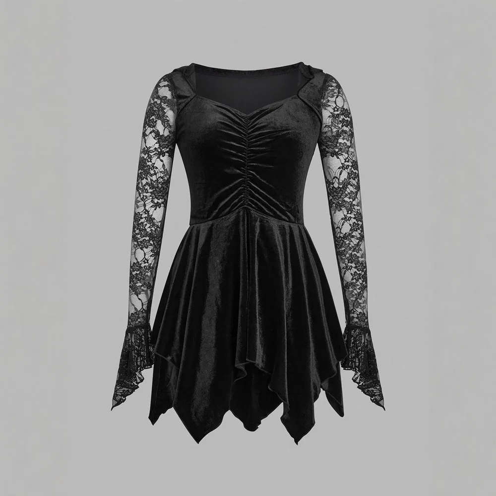 

Vintage Gothic Lace Hollow Out Women Bodycon Dress Black Square Neck Hooded Dress Sexy Chic Long Sleeve Velvet Mesh Mini Dresses