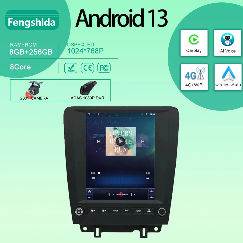 

9,7 дюймовый Android для Ford Mustang 2013-2014, автомобильное радио, GPS-навигация, мультимедийный плеер для Carplay, QLED 5G WIFI BT No 2 din DVD