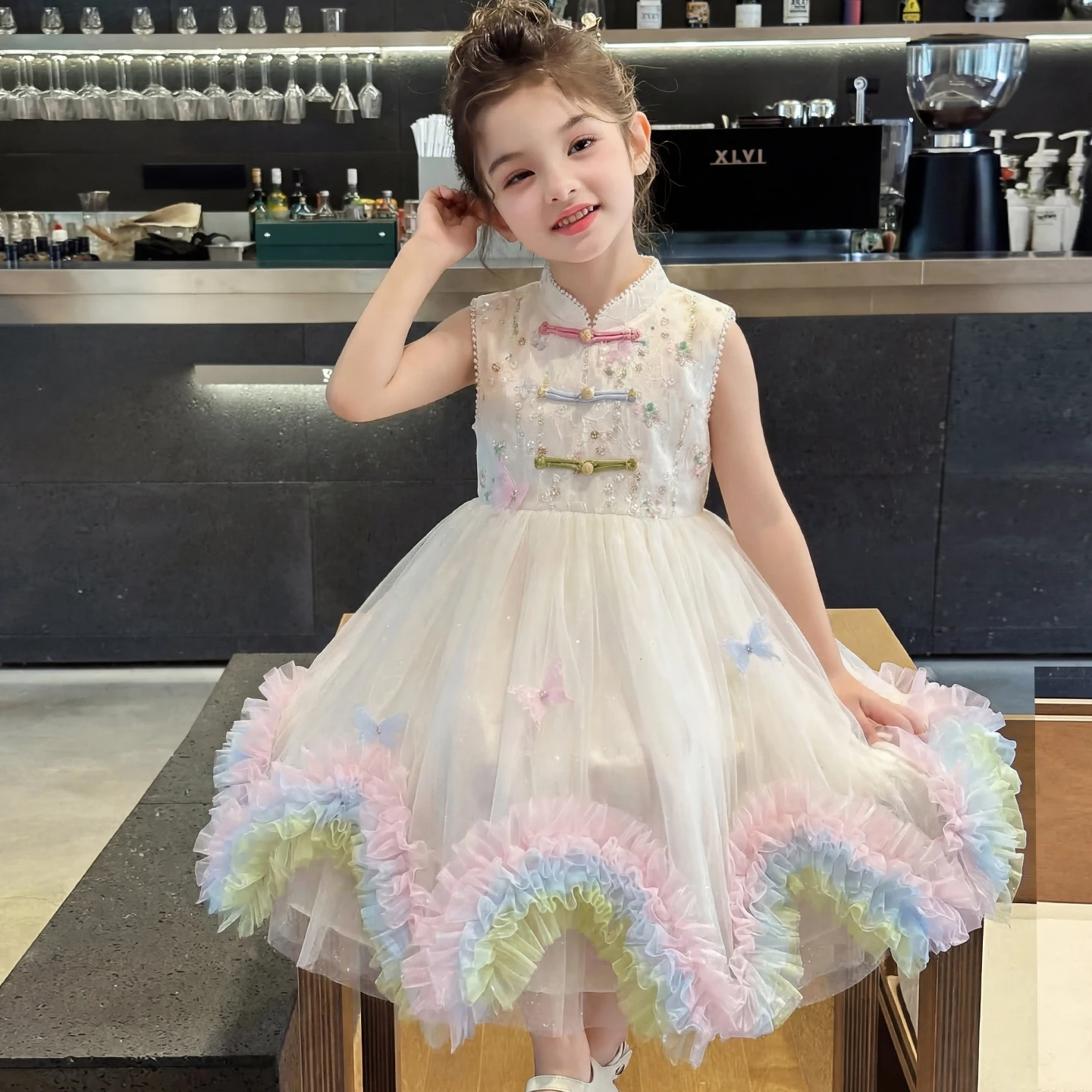 Girls Princess Dress Rainbow Ruffle Tulle Butterfly Flower Girl Dresses For Girls Birthday Pageant Party Gown Kids 4 6 8 10 12 T