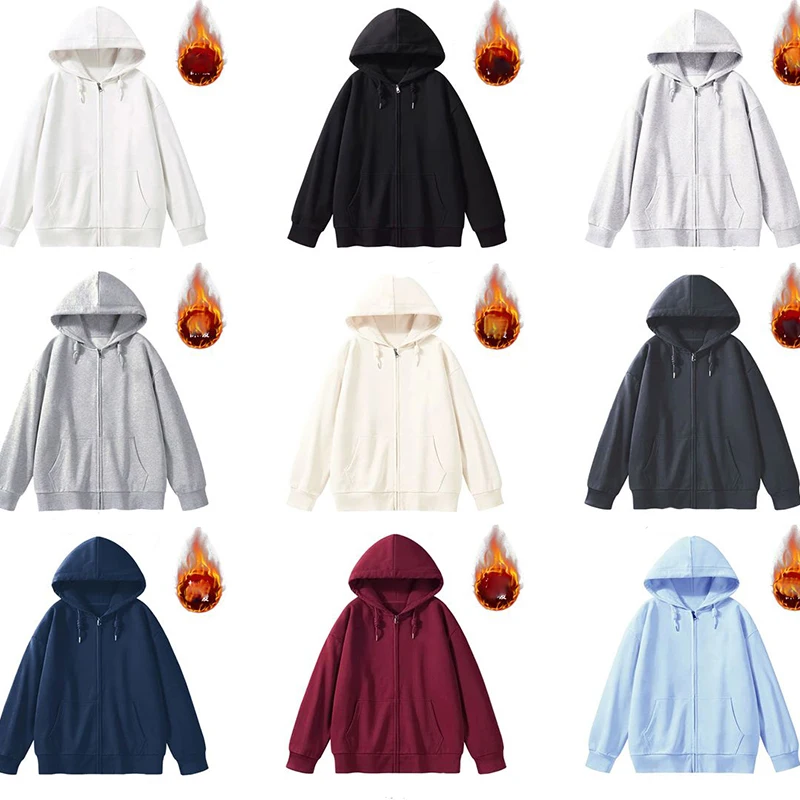 Women Spring‑Autumn Zip‑Up Hooded Fleece‑Lined Sweatshirt Girls Korean Minimalist Solid‑Color Loose Casual Outerwear