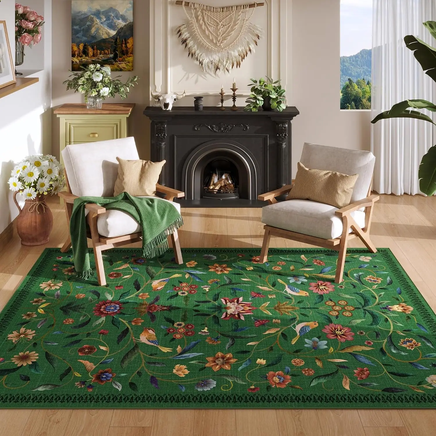 Floral Floor Mat Durable Comfortable Washable Non Slip Bottom Low Pile for Entryway Living Room Bedroom Area Rug Carpet