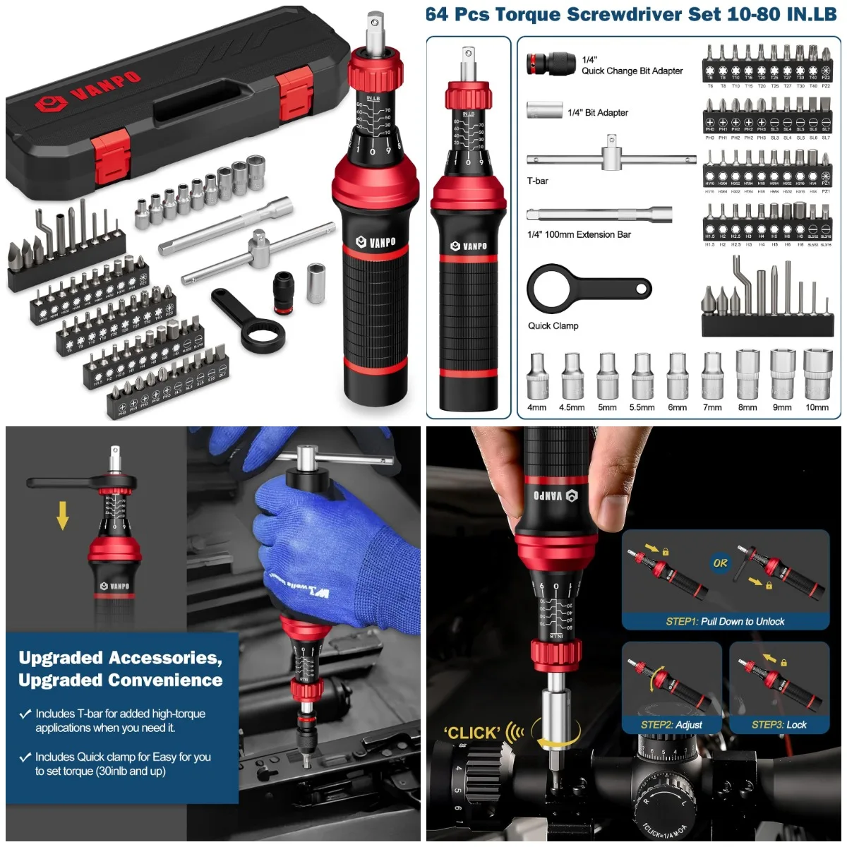 

1/4' Torque Screwdriver Set, 64-Piece, 10–80 in-lb, T-Bar & S2 Bits – Precision Tool for Electronics, Optics, Smart Locks, DIY R