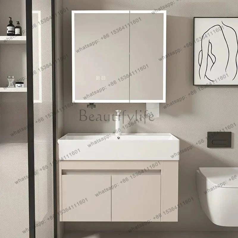 LDAluminum Bathroom Cabinet with Ceramic Integrated Basin Combo, Cream Modern Small Single Bathroom Cabinet Set,