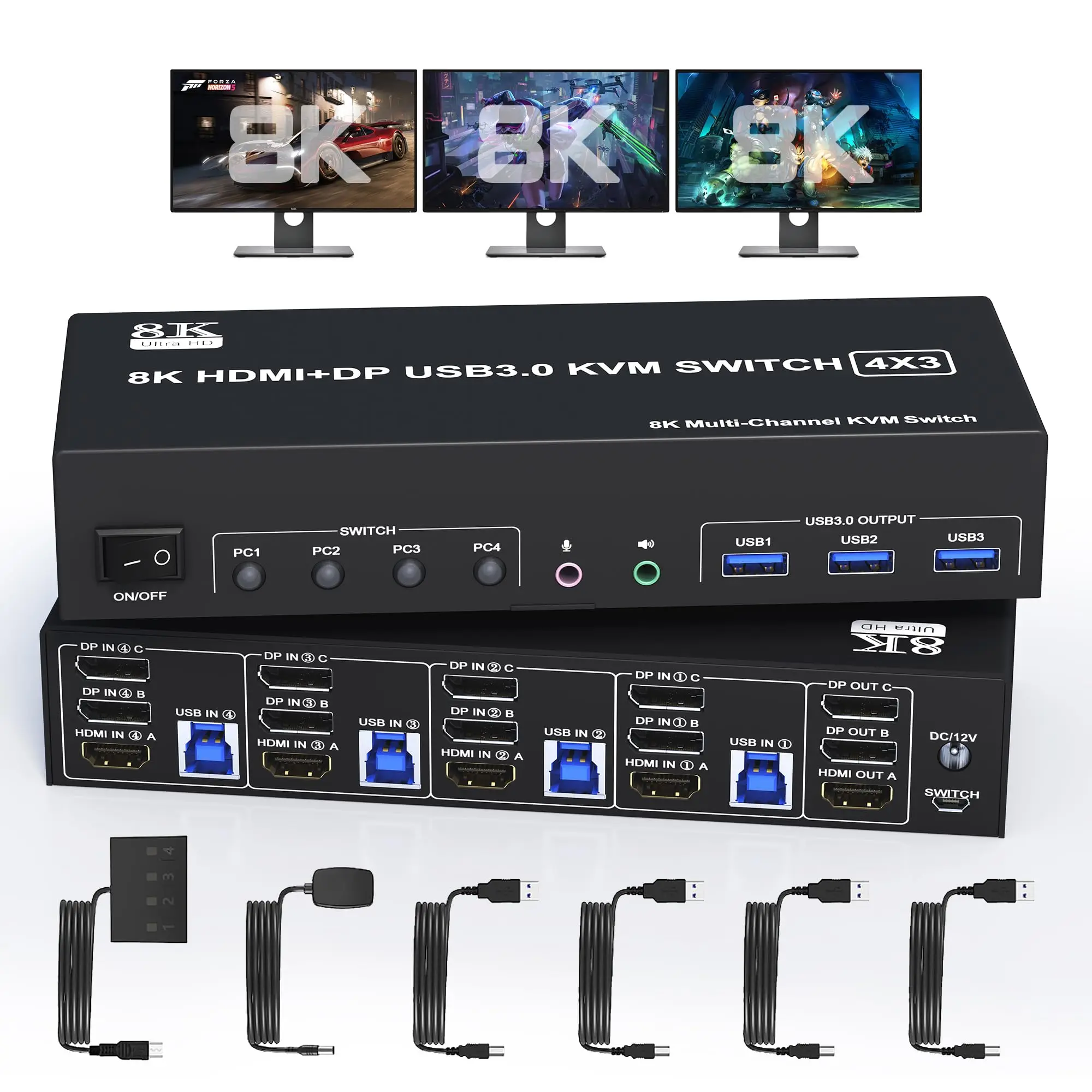 4K@144Hz KVM Switch 3 Monitors 4 Computers 8K@60Hz, 2 DisplayPort +1 HDMI KVM Switch Triple Monitor for 4 Computer with Audio