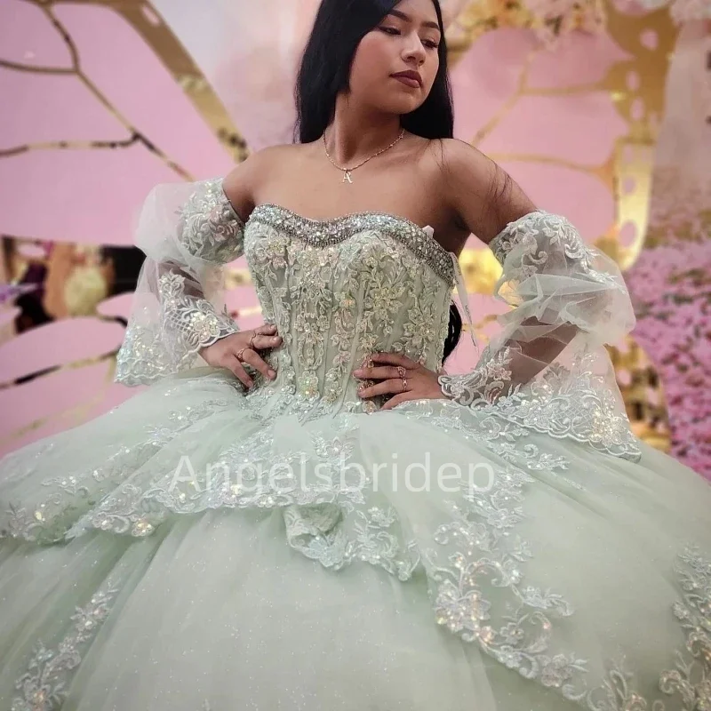 Angelsbride-vestido De quinceañera verde salvia con mangas De trompeta para niñas, vestido De Fiesta De cumpleaños