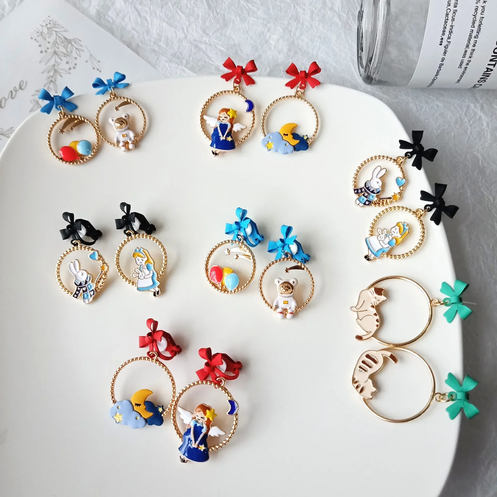 S925 Needle Japanese Cute Colorful Cartoon Angel Moon Earrings Fairy Tale Princess Rabbit Balloon Bear Earrings for Women Girls