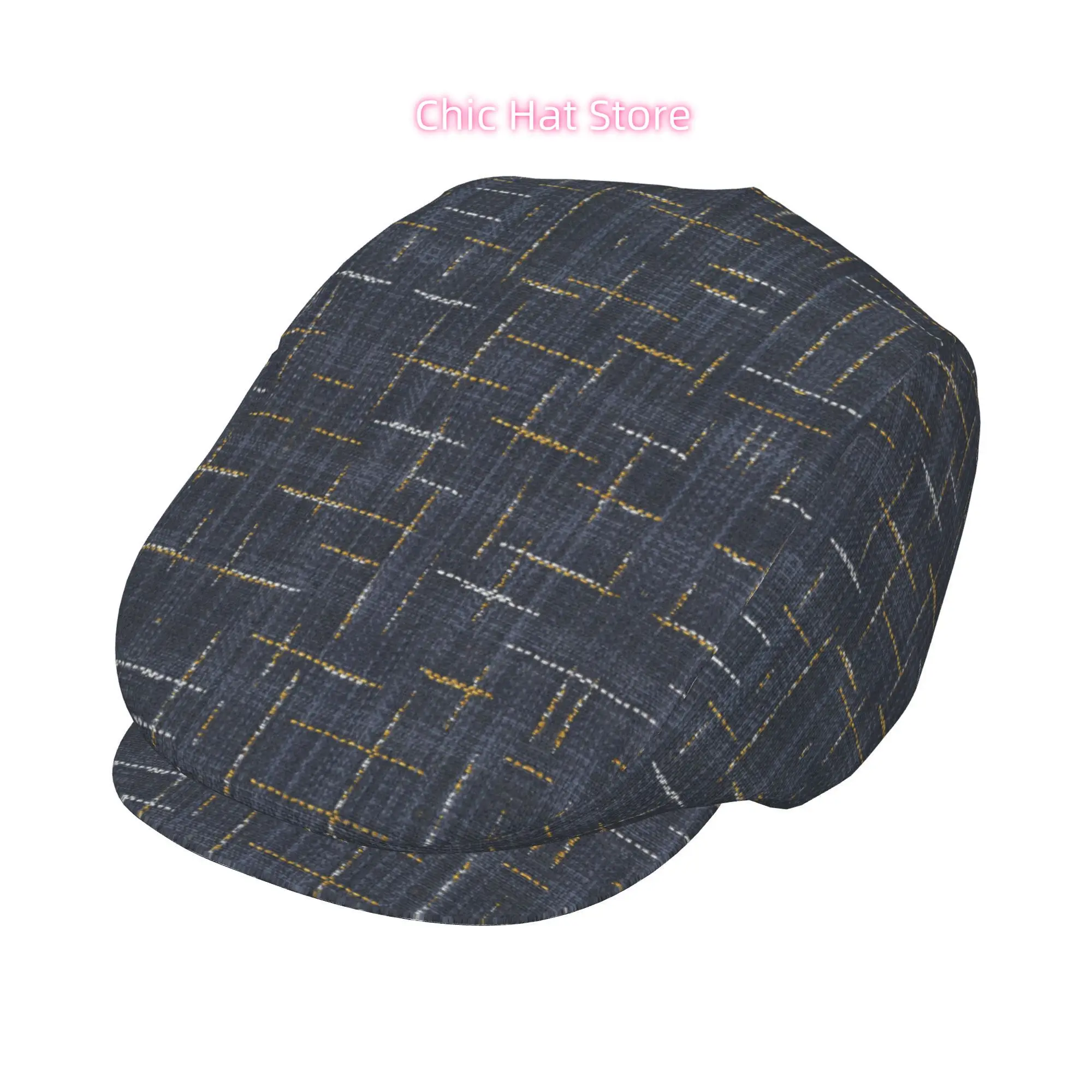 1pc Gray Yellow Irregular Grid Fully Printed Men And Women Adjustable Flat Cap Newsboy Beret Ivy Cap Irish Cabbie Forward Cap Ga