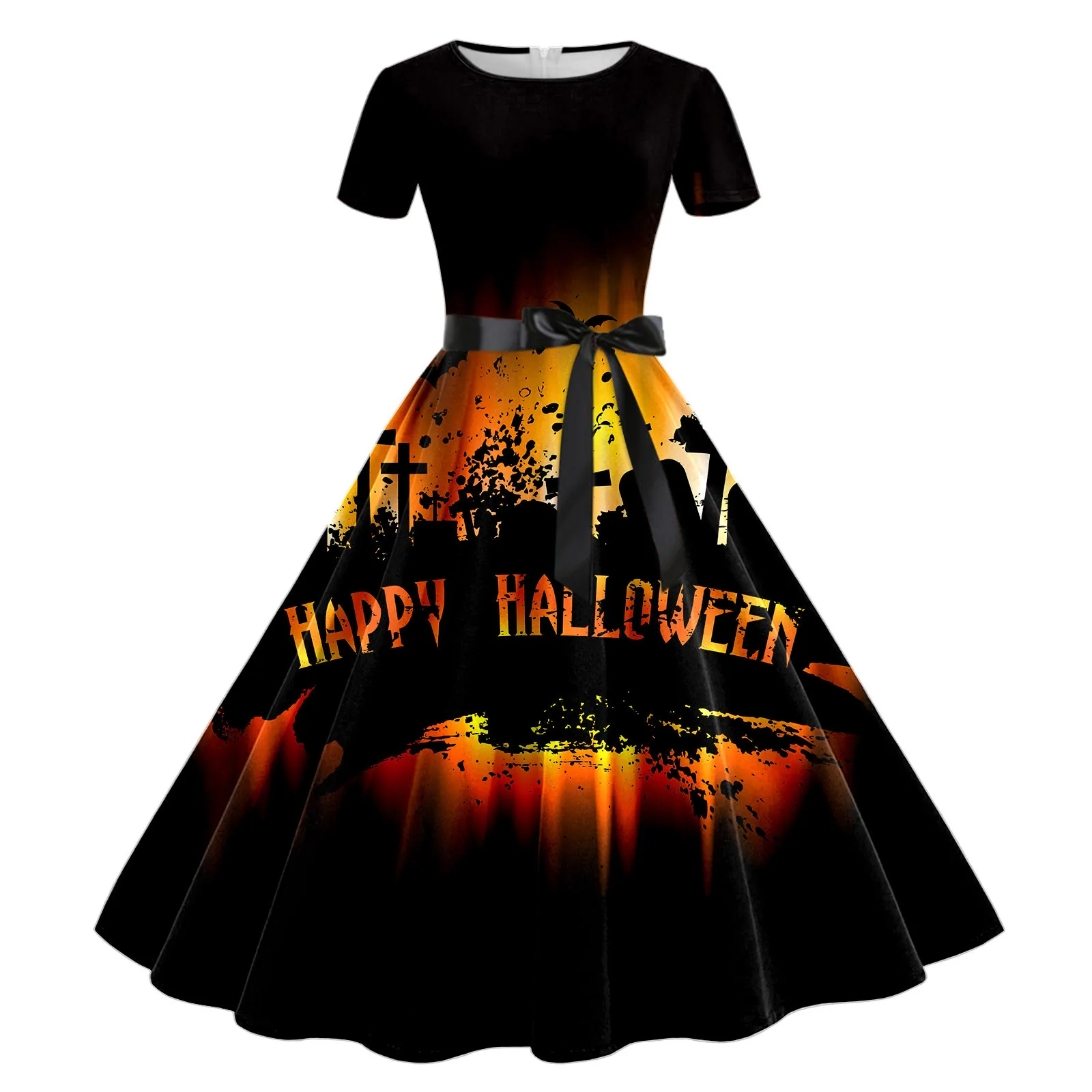 Happy Halloween Patchwork Letter Print Swing Dress Elegance Short Sleeve O-Neck Slim Party Dress With Bow Belt A-Line Vestidos